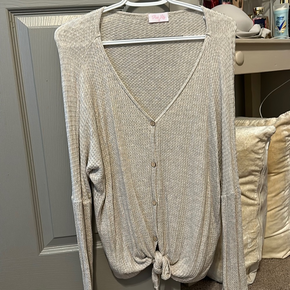 Pink Lily Cream Long Sleeve Tie Front Blouse